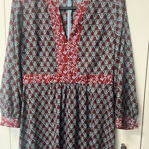 LOFT Burgundy and Black Patterned Long Sleeve Dress